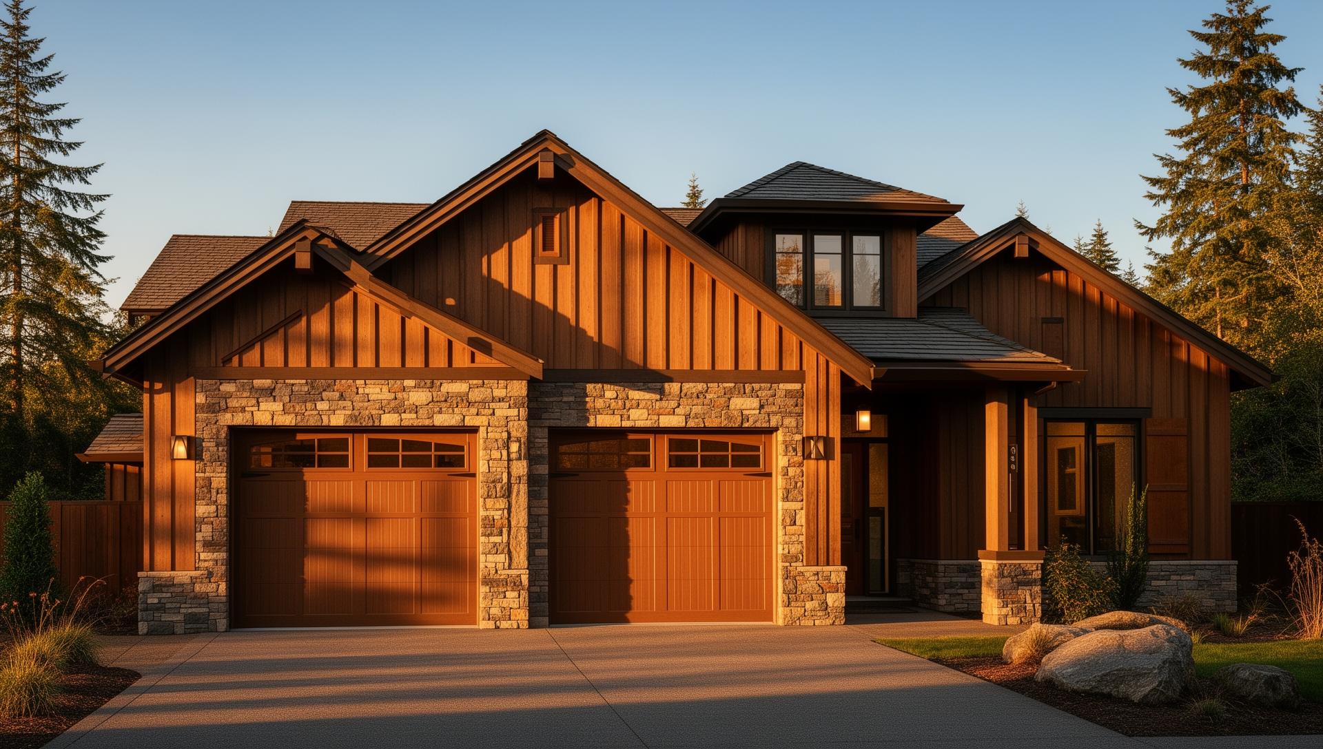 Beautiful modern home with Tuscan-inspired garage doors featuring stone surround in North Wilkesboro