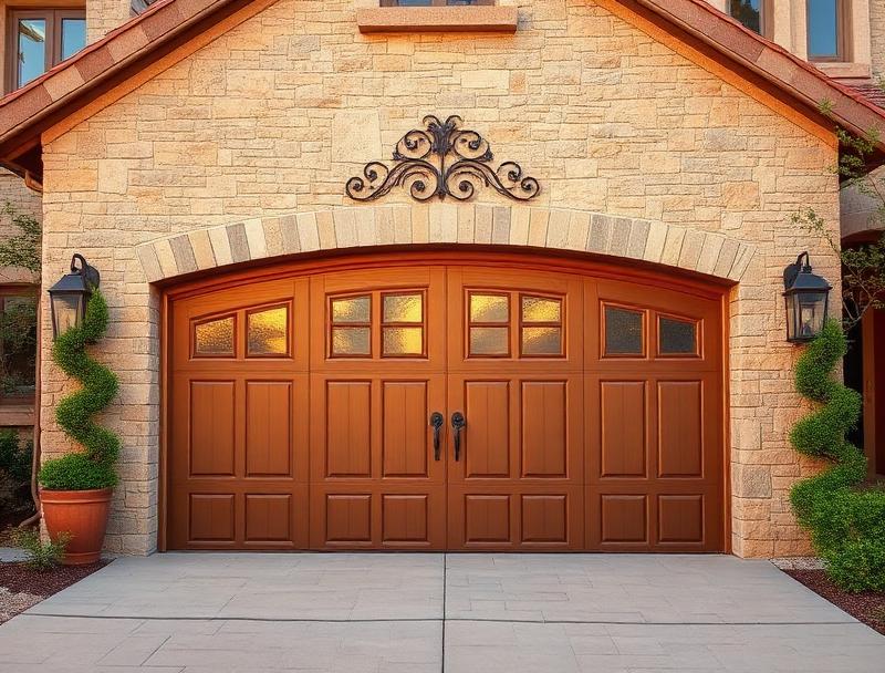 Beautiful Tuscan style garage door with stone surround installed by our team in North Wilkesboro